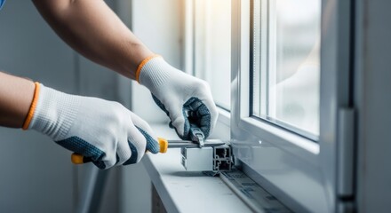 Handyman adjusting window frame with tool, wearing gloves
