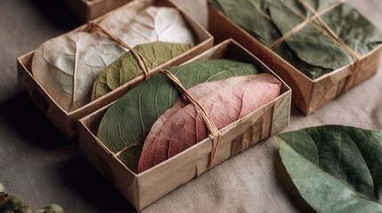 dessert packaging made from pressed natural leaves, artisanal style, eco-friendly concept 