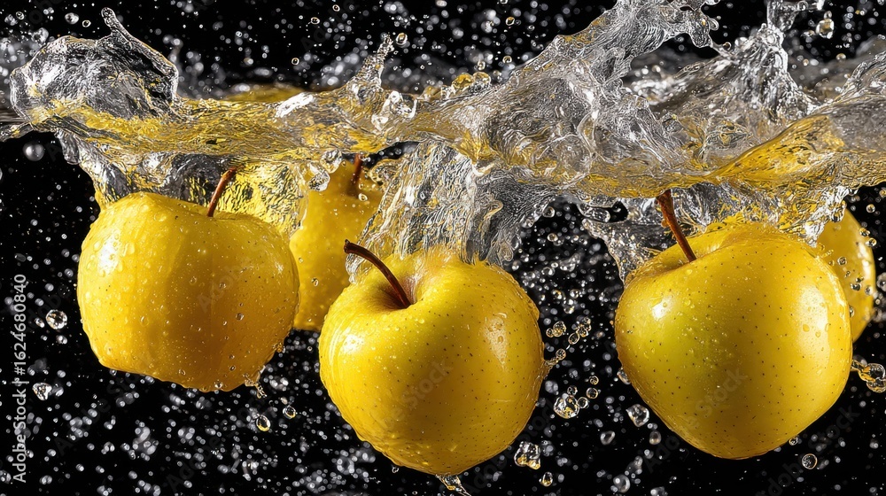 Poster yellow apples floating in water with splash effect and bubbles creating a dynamic scene