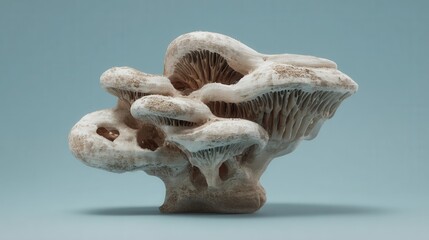 futuristic mushroom mycelium food packaging, sculpted organic form, sustainable material 