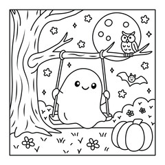 Kawaii Ghost on a Swing – Cute Halloween Night Coloring Page