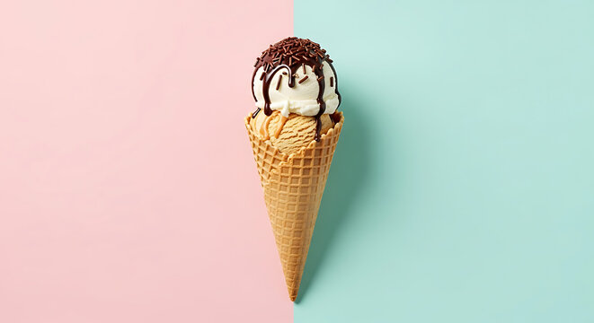 An ice cream cone with two scoops, topped with chocolate sauce and sprinkles on a split pastel background. - Powered by Adobe