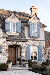 Nestled in a tranquil neighborhood, this enchanting stone cottage features charming blue shutters and a rustic wooden door, all illuminated by the warm glow of the late afternoon sun