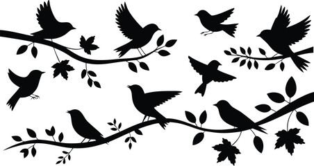 Elegant Bird Silhouettes on Tree Branches with Leaves, Nature Illustration Design