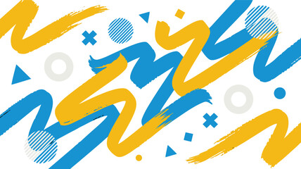 Abstract Geometric Background with Blue and Yellow Brush Strokes, Stripes, Circles and Triangles