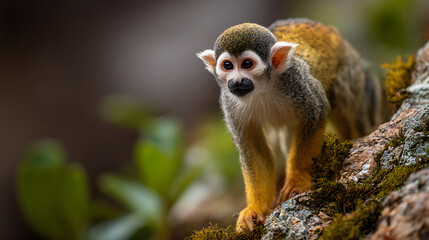 A saimiri (squirrel monkey) standing alert on a mossy rock hill, camera focused on its expressive face and tiny hands, blurred jungle depth behind, cinematic vibrant tones.