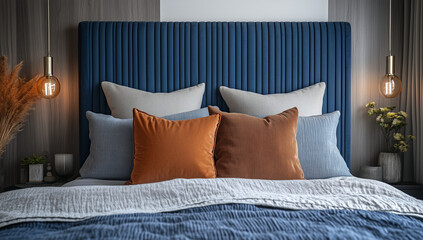 A stylish and cozy interior of a modern bedroom with a ribbed blue headboard, layered bedding in neutral tones, and pillows in shades of brown and blue.Home decor, interior design, relaxation, comfort