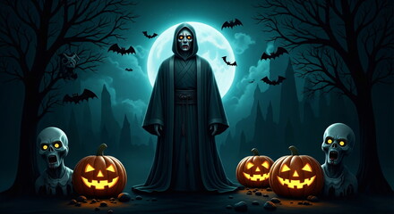 Scary figure with glowing eyes in hood against a full moon with bats, jack-o-lanterns, and skulls for Halloween celebration.