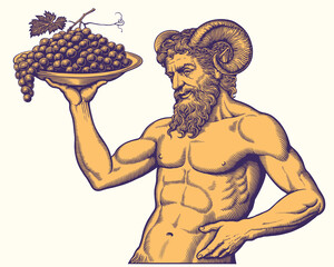 Faun with grapes. Editable hand drawn illustration. Vector vintage engraving. 8 EPS