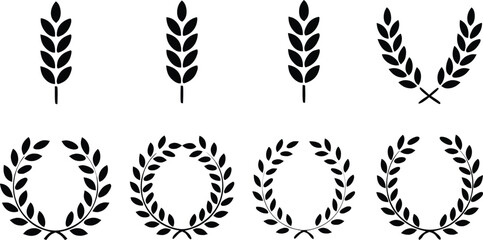 Eight Black Wheat Spike And Laurel Wreath Illustrations Isolated on White Background