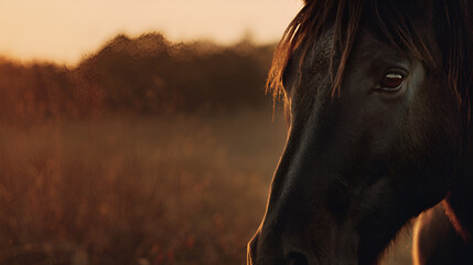 Closeup of a Dark Horse Head with Golden Hour Lighting.