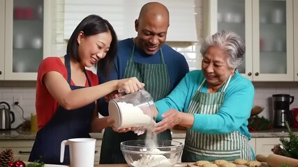 Family members joyfully baking cookies together in a cozy kitchen during the holiday season