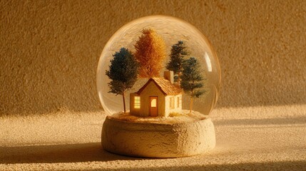 House and trees inside snow globe, warm light