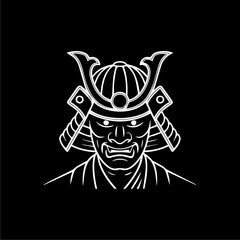 Samurai warrior portrait, line art illustration, fierce expression, traditional helmet.