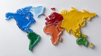 Colorful Continents A World Map Made of Glossy Textured Resin.