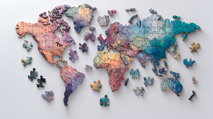 Colorful World Map Jigsaw Puzzle with Missing Pieces Wooden Texture.