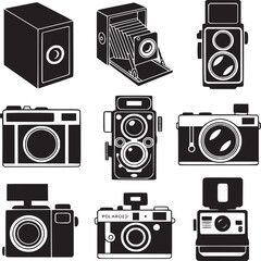 Vector art of collection of vintage cameras isolated on white background, showcasing retro photography equipment and classic photographic style