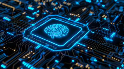 Circuit board with an AI brain icon in the center. A blue and black color theme