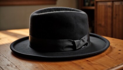 Mourning hat on wooden table in natural light is somber, understated symbol. Black mourning hat, a dark felt fedora with matching ribbon, suggests quiet contemplation and respect.