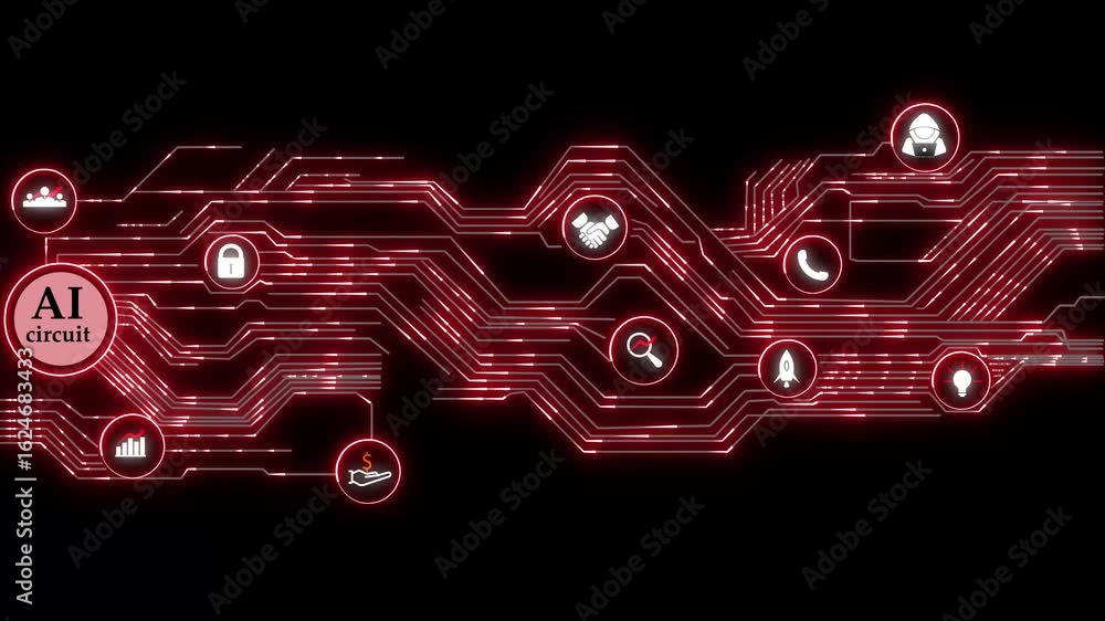 Poster red ai circuit board animation technology innovation network data security growth startup. ai and ci
