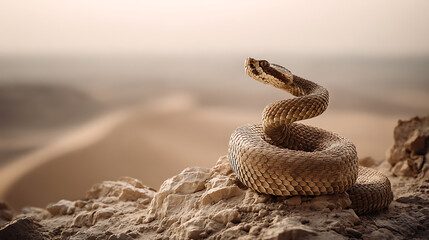 A horned viper standing coiled on a rocky desert mound, focus on its scaled body and horned head, blurred sand dunes behind, cinematic tension and heat shimmer.