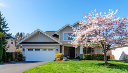Beautiful suburban house with a two-car garage, lush green lawn, and a blooming cherry blossom tree in springtime