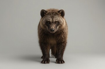 Studio Raccoon Dog Portrait, Intense Gaze, Grey Background, Wildlife