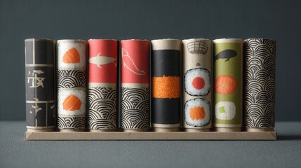 sushi packaging made from recycled materials, clean lines, bamboo paper wrap 