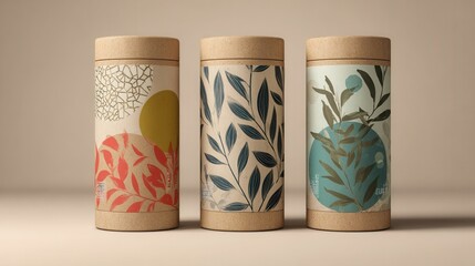sustainable tea packaging with recycled paper tubes, minimal organic patterns 