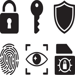 Vector art of security icons isolated on white background, representing data protection, privacy, and secure access to digital systems