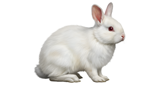 Fluffy White Rabbit with Bright Red Eyes Sitting Gracefully on a Transparent Background