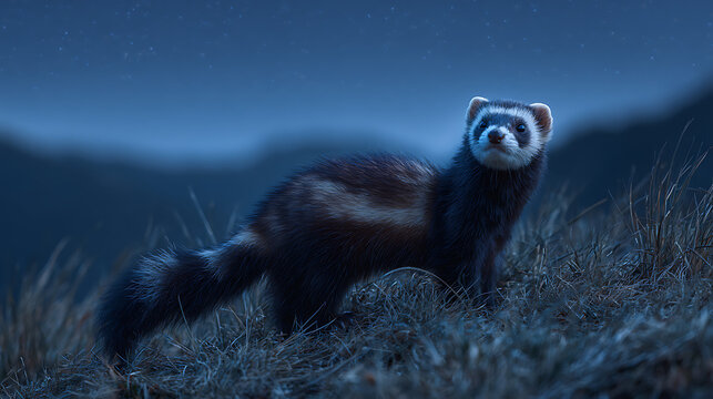 A zorilla (striped polecat) standing defiantly on a grassy hill under moonlight, camera focused on its bold fur pattern and raised tail, blurred dark grasslands behind, cinematic dramatic night scene.