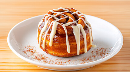 Delicious cinnamon roll with white icing on a white plate background