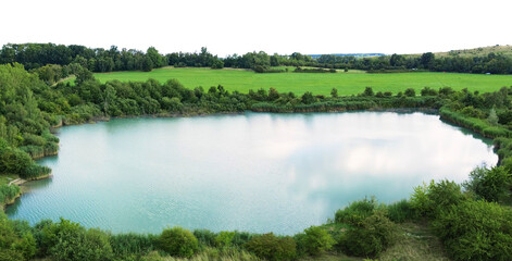 lake in green fields landscape with hills and forest, sky isolated on white or transparent png