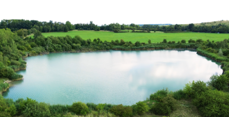 lake in green fields landscape with hills and forest, sky isolated on white or transparent png