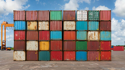 Stacked Shipping Containers in Various Colors Under a Blue Sky with Clouds