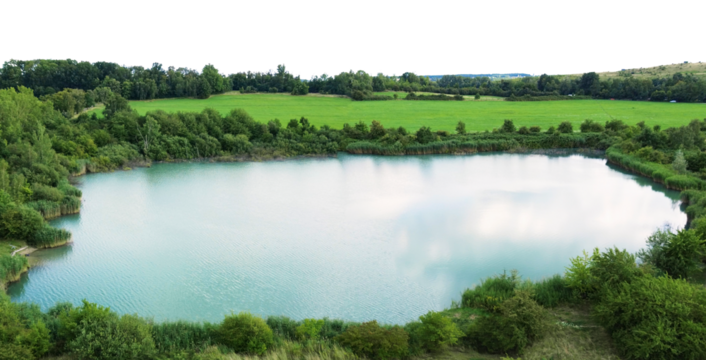 lake in green fields landscape with hills and forest, sky isolated on white or transparent png
