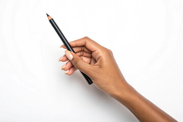African American hand holds a black pencil over a white surface, top view. Ideal for stationery mockups, design templates, posters, and branding.