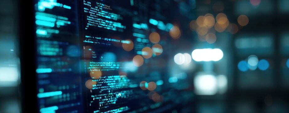 The futuristic digital interface displaying complex data and code on a screen.