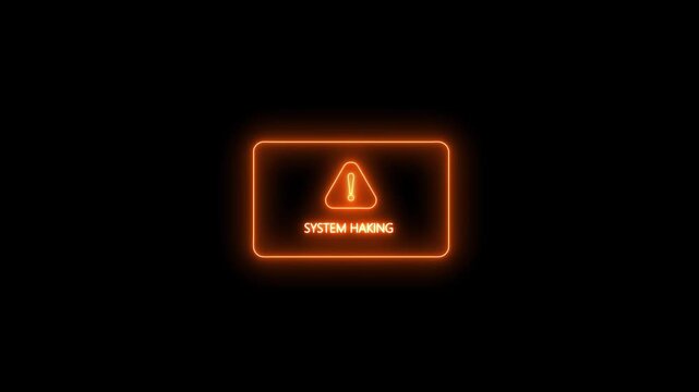 "Neon glowing system hacking alert animation with warning sign, cybersecurity breach notification, error alert display, and futuristic digital effect"