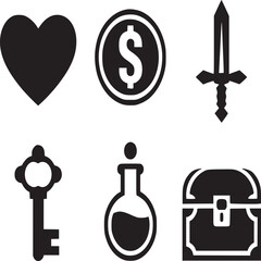 Vector art of game icons set isolated on white background, including heart, coin, sword, key, potion, and treasure chest