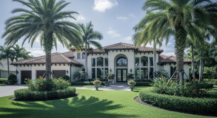 Obraz premium Luxurious mansion with palm trees and manicured lawn under bright sky