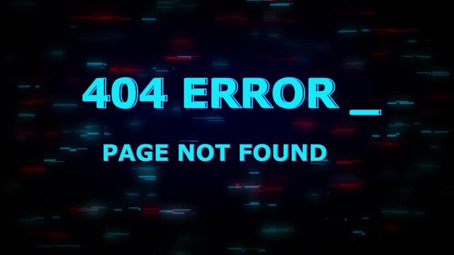 404 error glitch animation showing broken webpage screen, neon digital text effect, symbolizing missing page, website issue, and network error.