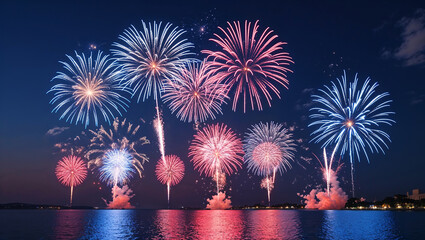 Colorful fireworks exploding over the sea during festive celebration