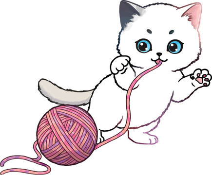 Adorable kitten playing with yarn ball illustration, a cute white cat with blue eyes having fun with pink and purple yarn on white background