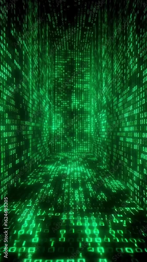 Poster glowing green binary code digital tunnel