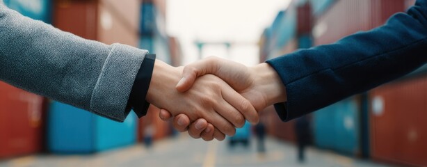 The handshake symbolizes a successful partnership amid shipping containers.