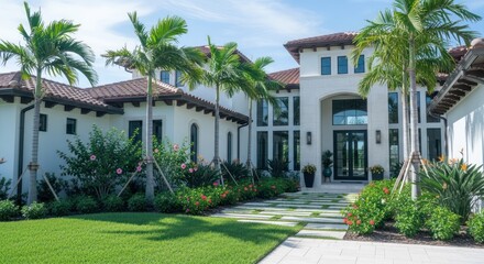 Fototapeta premium Luxurious villa with manicured lawn, palms, and tiled roof under a blue sky