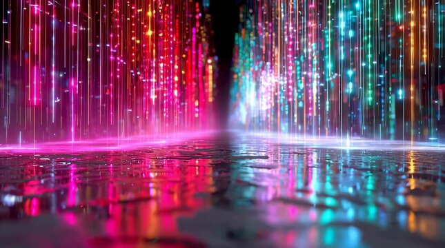 Neon light rain with digital code falling pink and blue creating futuristic dynamic atmosphere with reflections wet surface full of motion energy