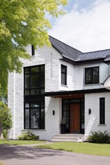 Contemporary white house design featuring large windows and modern architecture in a serene suburban neighborhood under a clear blue sky